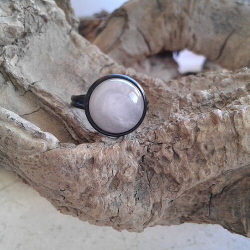 Bague quartz rose,cabochon rond 12mm,pierre semi precieuse,anneau noir ajustable,bobo boho gothique,edouardien,cadeau fete,fait en france