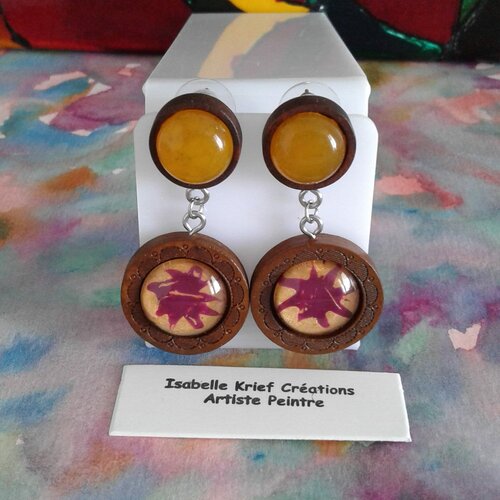 Clous oreilles calcite et verre peint, base bois et acier inoxydable,cabochon rond,rose violet orange or,cadeau fete anniversaire noel