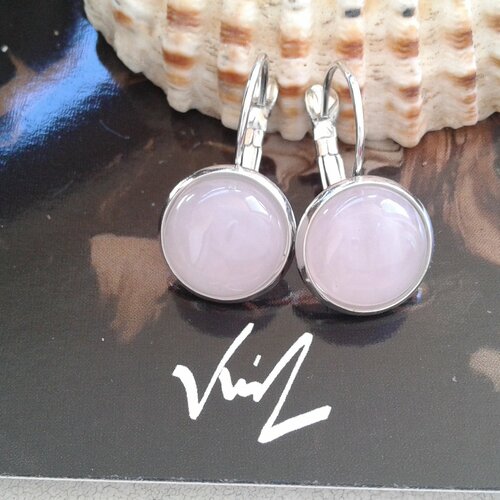 Quartz rose,dormeuses rhodié,boucles oreilles ,cabochons ronds 12mm,pierre fine,cadeau fete anniversaire noel