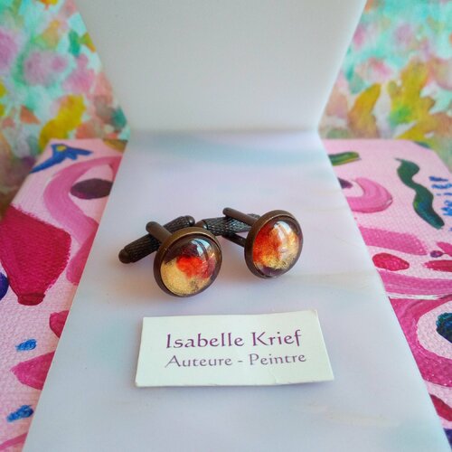 Boutons de manchettes laiton bronze avec cabochons ronds en verre peint par artiste,fait mains en france,cadeau fete anniversaire noel
