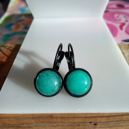 Boucles oreilles pendantes en laiton noir avec pendentifs cabochons aventurine pierre fine precieuse,fermoirs dormeuses,cadeau fete noel