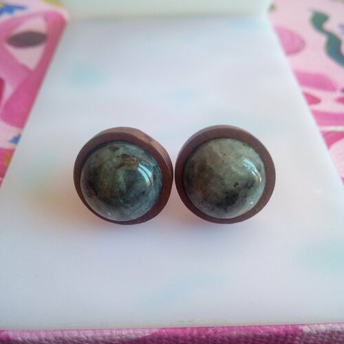 Larvikite, clous oreilles en bois avec tiges acier et cabochons ronds,magma norvegien quartz,cadeau fete anniversaire noel, f