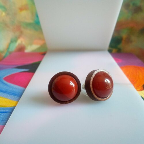 Cornaline, clous oreilles en bois avec tiges acier chirurgical et cabochons ronds,quartz pierre fine,cadeau fete anniversaire noel