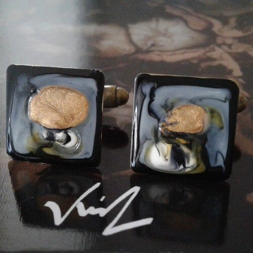 Boutons manchette laiton bronze avec plateau carre peint