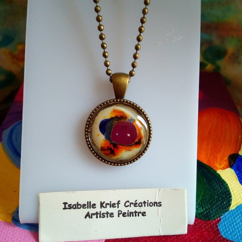 Verre peint ,pendentif chat laiton bronze avec cabochon rond multicolore par artiste,fait mains en france,chaine boule,cadeau fete