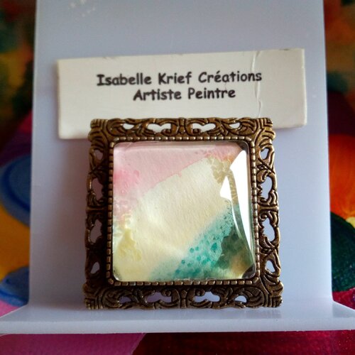 Broche carree laiton bronze avec aquarelle originale ooak,bleu jaune rose,par artiste peintre française,epingle,cadeau fete anniversaire