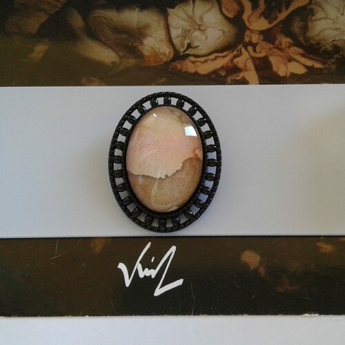 Broche ovale fleur,roulement,aquarelle originale française,orange marron noir,epingle,bobo boho gothique victorien