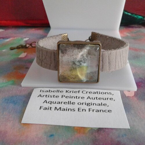 Aquarelle originale bracelet manchette cuir avec cabochon verre carre,bleu vert jaune rose,cadeau fete anniversaire noe,fait mains en france