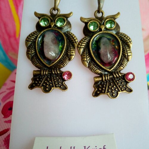 Quartz rose et cristal swarovski,boucles oreilles chouettes,bijou peint à la main,cadeau fête anniversaire noel,astro taureau lion vierge