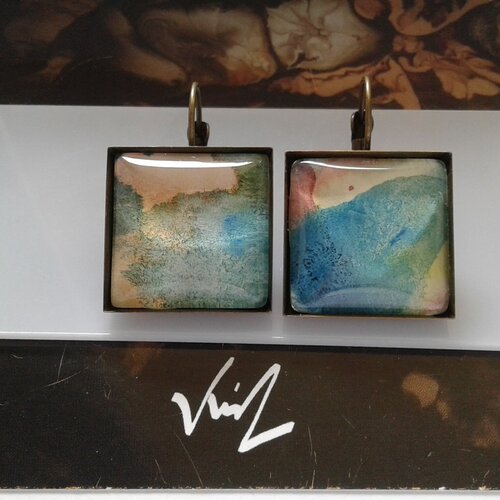 Dormeuses carrées,aquarelle originale ooak,artiste peintre française,bleu vert jaune orange bronze,mer sable,bobo boho gothique art deco