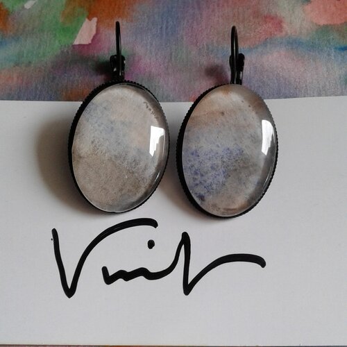 Dormeuses ovales,aquarelle originale, ciel nuageux,gris bleu noir,bobo boho gothique abstrait,art nouveau