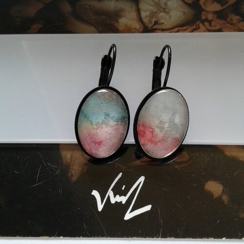 Dormeuses ovales,aquarelle originale ,rose vert bleu blanc noir,bobo boho gothique abstrait,victorien fashion