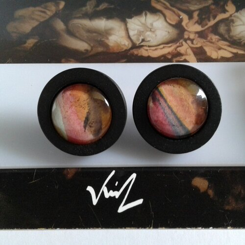 Aquarelle originale,clous oreille bois avec cabochons en verre ronds, rouge marron noir orange jaune,fait mains en france,cadeau fete noel