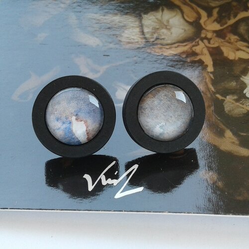 Boucles oreilles bois acier,aquarelle bleu noir ,fait mains en france,cadeau fete bijou femme,boheme bobo