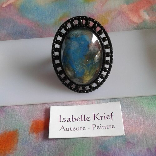 Aquarelle originale isabelle krief,bague ovale ajustable,fleur roulement,bleu jaune violet noir,bobo boho gothique victorien