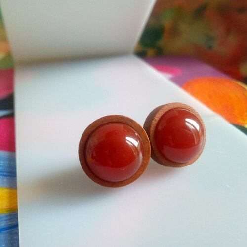 Cornaline,clous oreilles bois,tiges acier avec cabochons ronds 12mm,fait mains en france,cadeau fete anniversaire noel