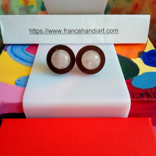 Quartz rose,boucles oreilles bois fleuri,clous acier avec cabochon rond 12mm pierre fine semi precieuse,fait mains en france,cadeau fete