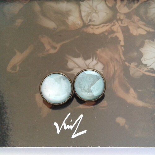 Peint artiste française,clips boucle oreille,cabochons ronds,aquarelle vert,bijou femme fille,cadeau fete anniversaire,bobo boho
