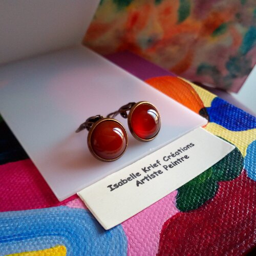 Cornaline,clips oreilles non perce en laiton avec cabochons ronds 12mm pierre precieuse,fait mains en france,cadeau fete anniversaire noel