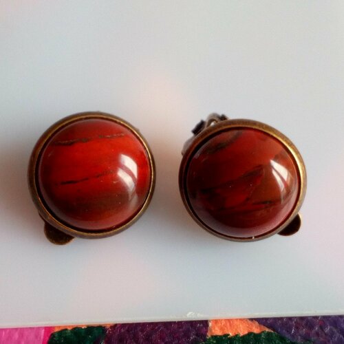 Jaspe rouge,clips oreilles non perce en laiton avec cabochons ronds 12mm pierre gemme precieuse,fait en france,cadeau fete anniversaire noel