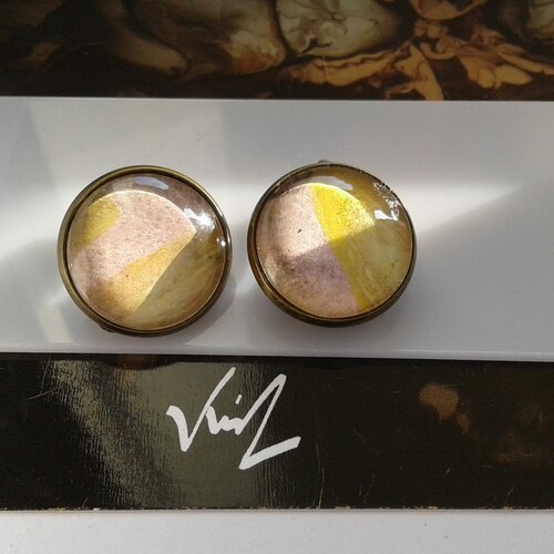 Clips ronds oreille non perce,aquarelle originale ooak,jaune rose bronze,bobo boho gothique abstrait,fait en france