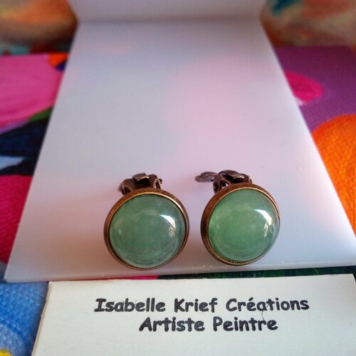 Aventurine,clips oreilles laiton bronze avec cabochons ronds 12mm,quartz pierre fine,fait mains en france,cadeau fete anniversaire noel