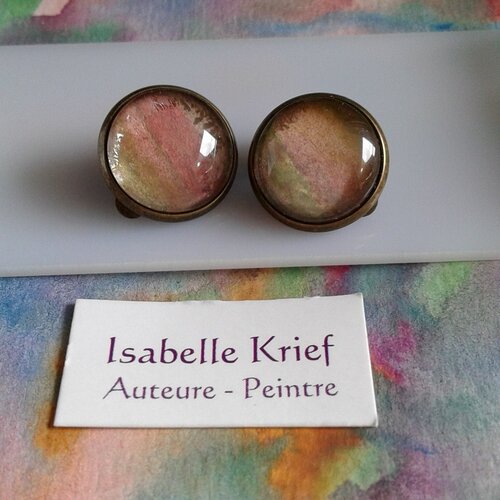 Aquarelle originale ,clips ronds,rouge marron violet,vert bronze,oreilles non percées,bobo boho gothique