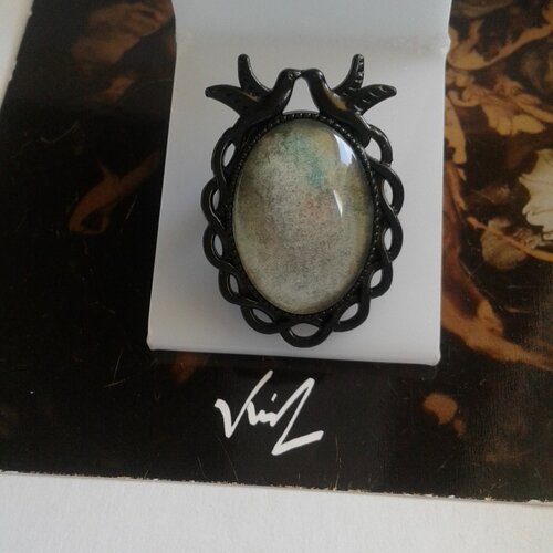Bague oiseaux amoureux laiton noir sertie d'un cabochon oval en verre avec aquarelle originale,bijou de createur,fait mains en france