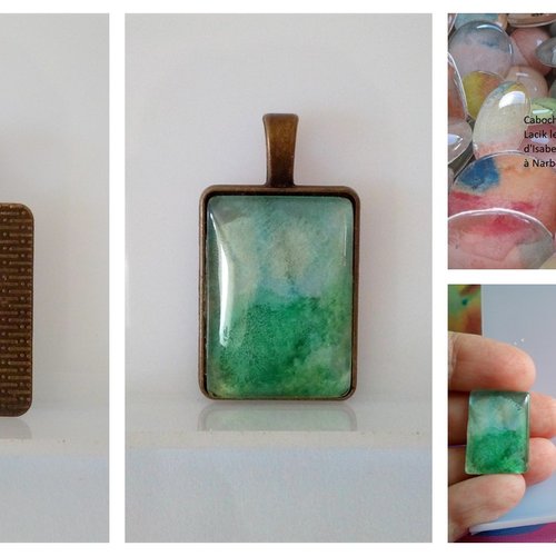 Art portable,pendentif rectangulaire en laiton avec aquarelle ooak peint par artiste française,vert,fait mains en france