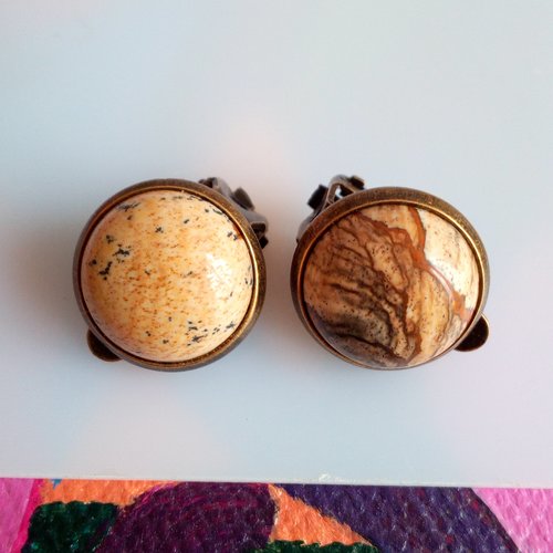 Clips oreilles laiton bronze avec cabochons ronds 12mm jaspe paysage pierre precieuse beige marron,fait mains en france,cadeau fete annivers
