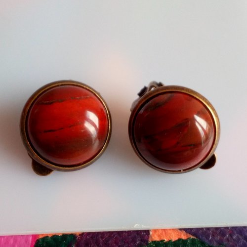 Clips oreilles laiton bronze avec cabochons ronds 12mm jaspe rouge pierre precieuse rouge marron,fait mains en france,cadeau fete anniversa