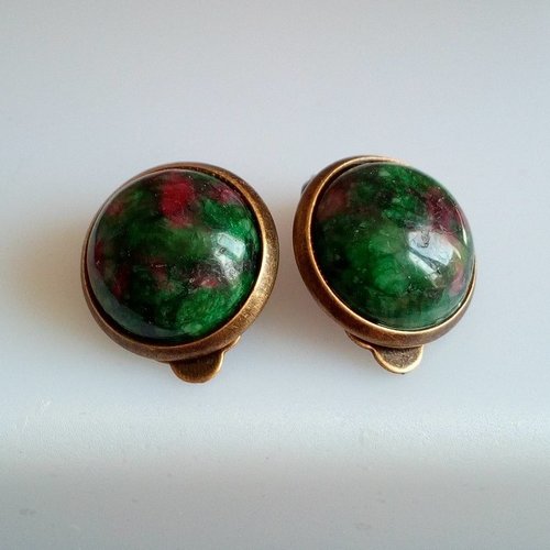 Clips oreilles laiton bronze avec cabochons ronds 12mm rubis zoisite pierre precieuse rose vert,fait mains en france,cadeau fete anniversair
