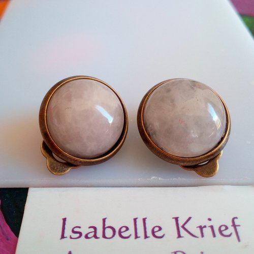 Clips oreilles laiton bronze avec cabochons ronds 12mm quartz rose pierre fine,fait mains en france,cadeau fete anniversaire noel