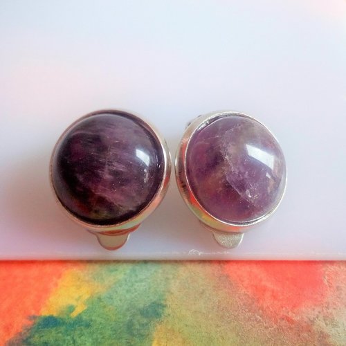 Clips amethyste,pierre fine quartz violet,boucles oreilles non percees argente rhodie,cabochon rond 12mm,fait mains en france