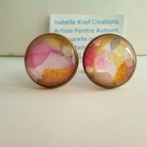 Art portable,boutons de manchettes avec cabochons verre rond 20mm,aquarelle par artiste peintre,rose jaune orange blanc bronze,cad