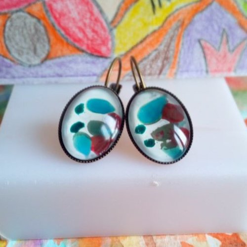 Verre peint par artiste,dormeuses boucles oreilles ovales laiton,bleu rouge blanc,abstrait contemporain