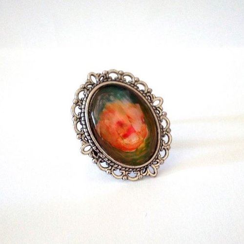 Bague argente fleuri ajustable avec cabochon oval en verre peint