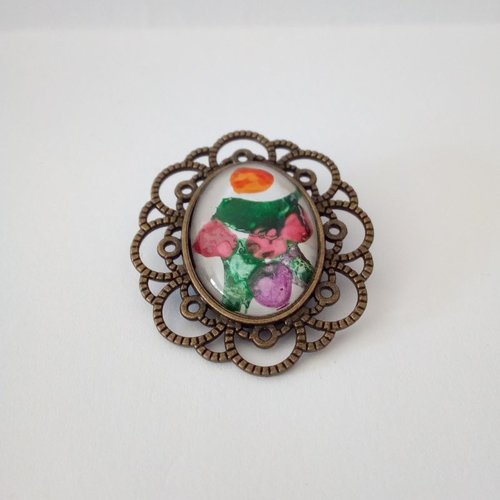 Broche fleur filigrane laiton bronze avec cabochon verre oval, rose orange vert violet,fermoir epingle