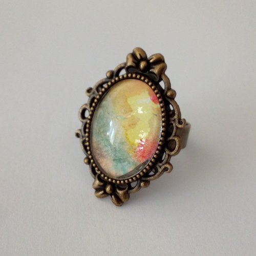 Bague laiton ajustable avec cabochon oval en verre,aquarelle originale art contemporain,noeuds kawaii,bijou boho bobo gothique