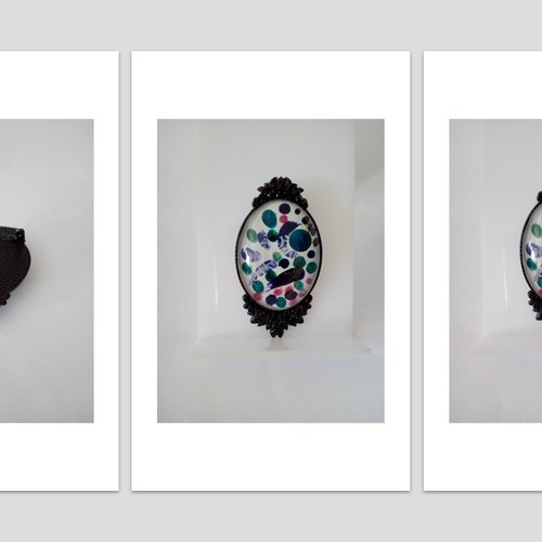 Peinture fluide sur verre,broche laiton noir fleuri avec cabochon oval abstrait contemporain,bleu vert rose violet,fermoir epingle,cadeau fe