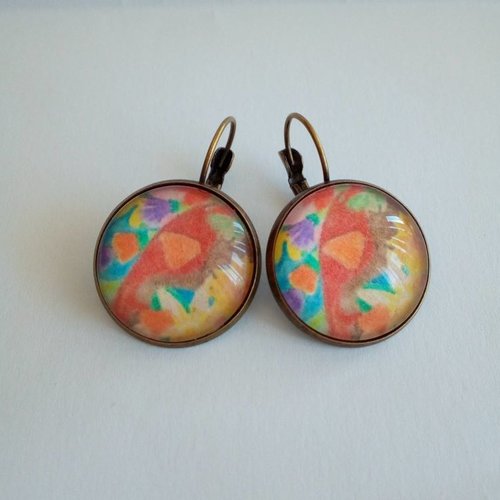 Art portable,dormeuses boucles oreilles laiton bronze avec cabochons rond 20mm impression aquarelle fleurie isabelle krief artiste peintre
