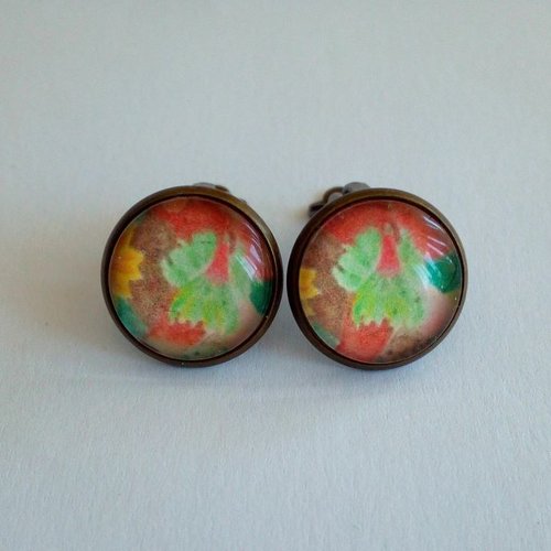 Art portable,clips oreilles laiton bronze avec cabochons rond 14mm impression aquarelle fleurie isabelle krief artiste peintre