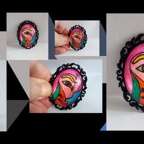 Broche laiton noir,art portable aquarelle visage unisex par isabelle krief,artiste peintre,cabochon ovale en verre,idee cadeau