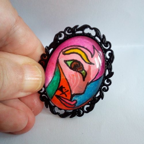 Broche laiton noir,art portable aquarelle visage unisex par isabelle krief,artiste peintre,cabochon ovale en verre,idee cadeau