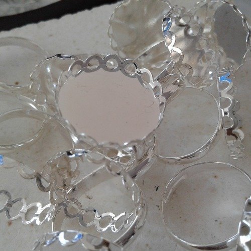 18 mm,lot,base bague ajustable,argente,support cabochon rond,fond plat,collage image,fimo,bricolage,fourniture,mercerie
