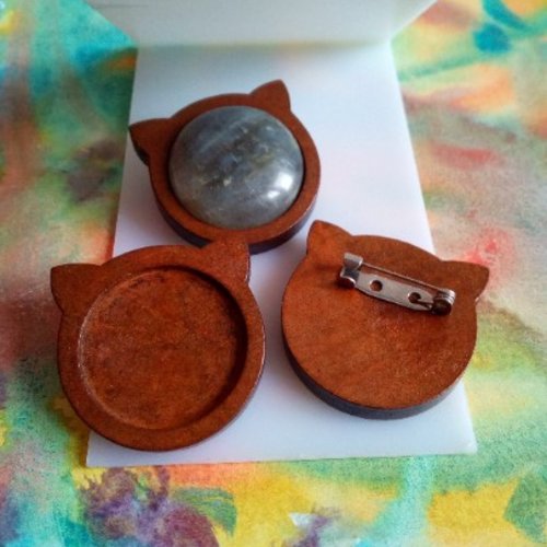 Base broche chat en bois, fermoir épingle acier inoxydable,support cabochon rond 25mm,fond plat,image verre fimo,fourniture
