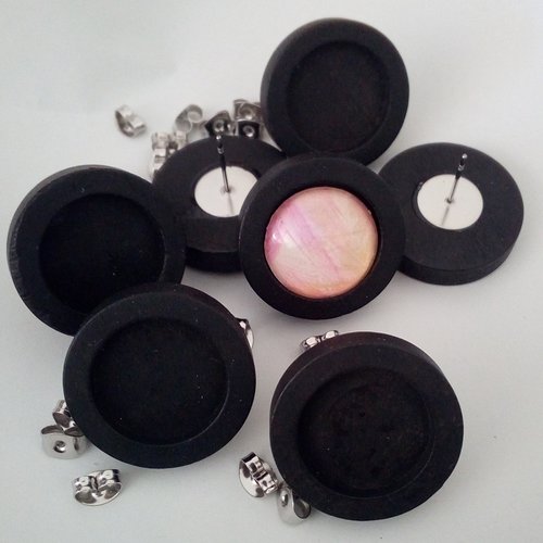 16mm,lot,support boucle oreille bois noir,clou acier chirurgical,collage cabochon rond plat,image fimo resine,fourniture mercerie bijou