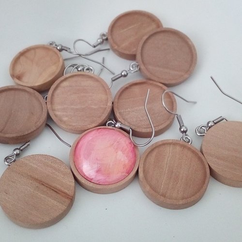 20 mm,lot,support boucles oreilles en bois avec crochets acier chirurgical,collage cabochon rond fond plat,fourniture mercerie bijou brico