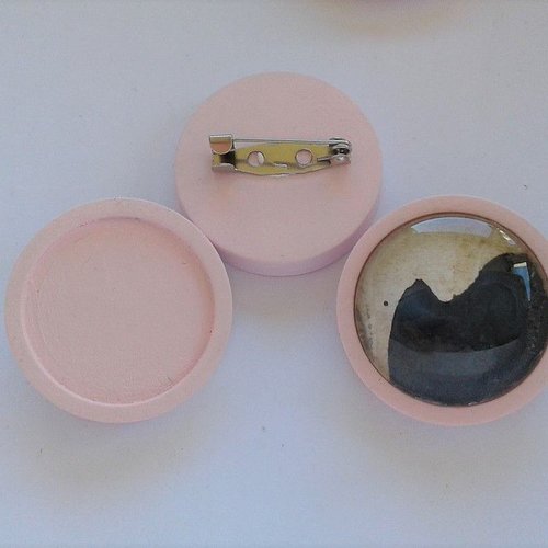 25mm,lot,base broche bois rose,fermoir epingle argente,collage cabochon rond fond plat,verre image fimo pierre,fourniture