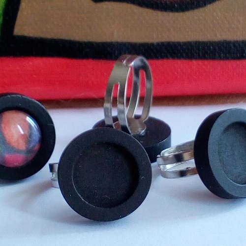12mm,lot,base bague bois noir,anneau argente ajustable,collage cabochon rond fond plat,image fimo pierre verre,fourniture bricolage mercerie